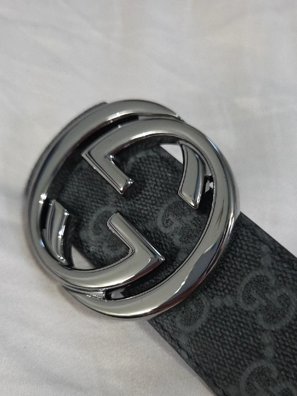 Gucci Reversible Gray Monogram GG Leather Belt with Silver Double G Buckle